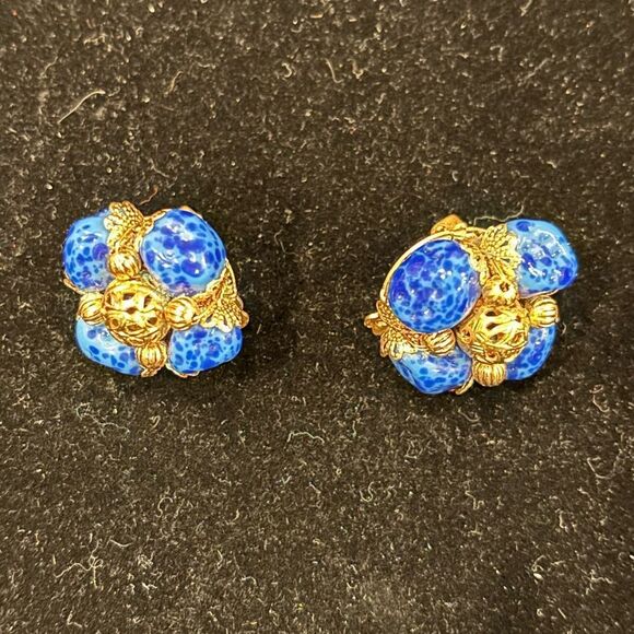 Vintage Signed Japan Blue Cabochon and Gold Tone Clip Earrings - Picture 1 of 5